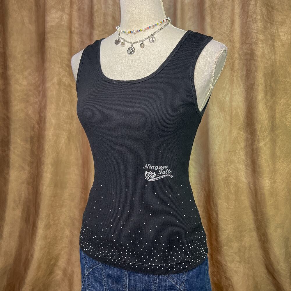 Vintage Y2K Studded Tank Top Niagara Falls Glitter Ribbed Black Sleeveless Indie